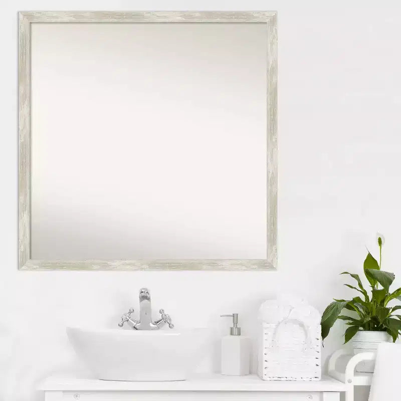 Espejo de pared de baño estrecho, agrietado, no biselado, de 71 x 71 cm, color plateado metálico
