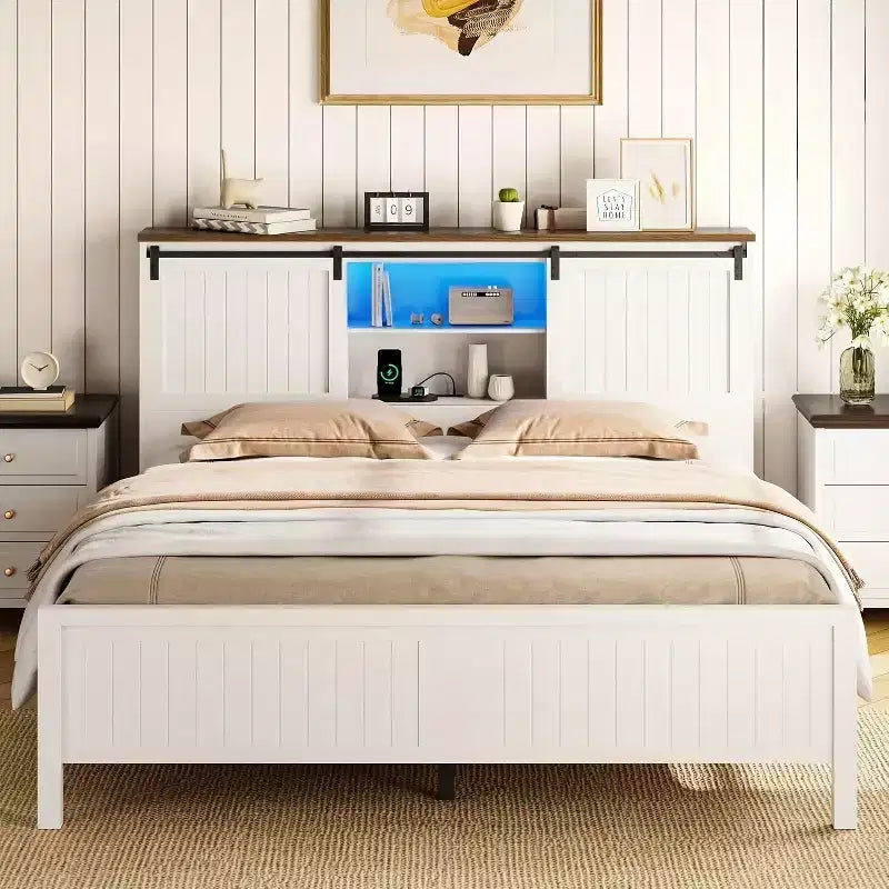 Garvee Bed Frame With LED & Charging Station, Platform Bed With Storage Bookcase Headboard,Sliding Barn Door, No Box Spring Needed (Walnut+White)