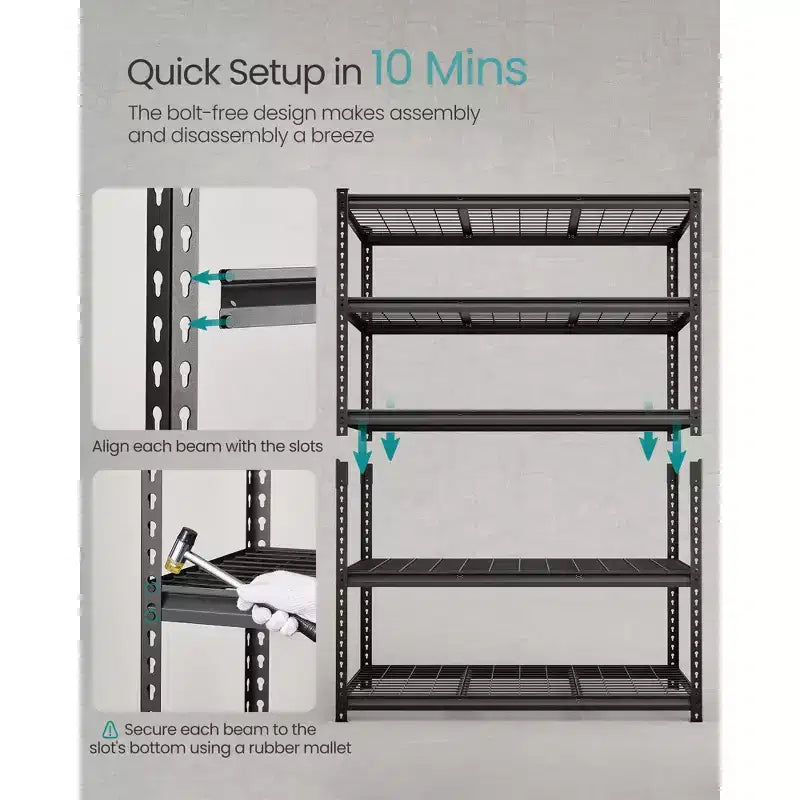 Estantería de Almacenamiento de 5 Niveles, Estantería de Garaje Resistente, Unidad de Estantería Ajustable, Estante de Acero, Carga de 2,200 lb, 24 x 48 x 72 Pulgadas, Negro Tinta