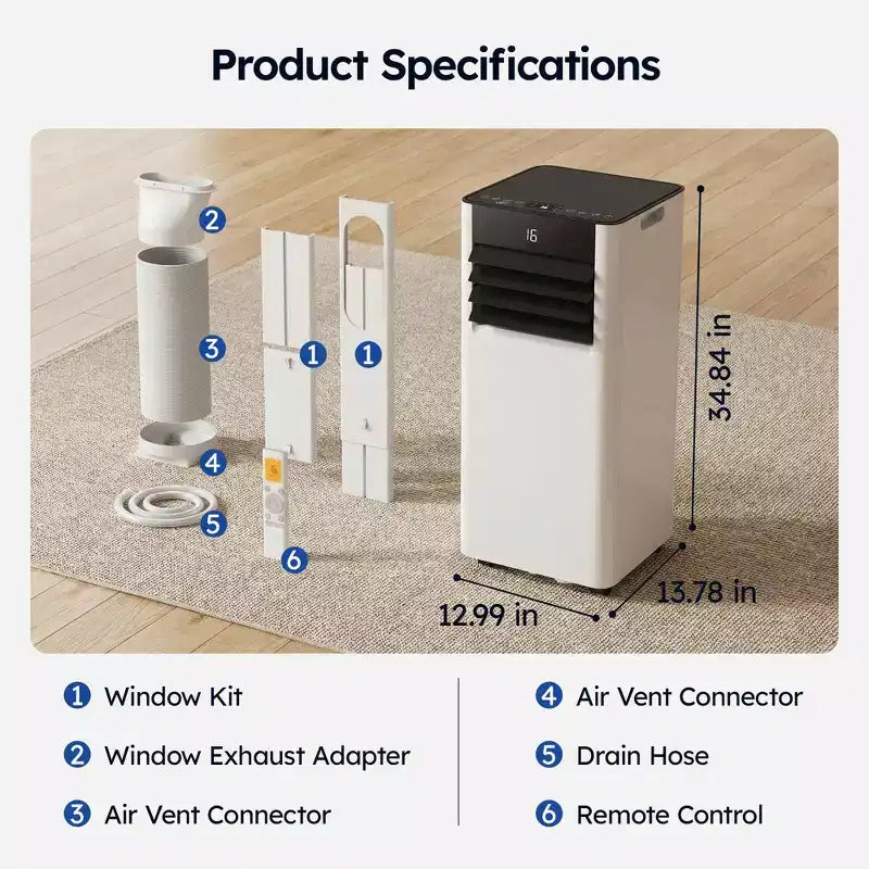 Simzlife Smart Portable Air Conditioner 8000 BTU Fast Cooling AC for Room up to 250 Sq.Ft, 3 in 1 Function, APP Control, Ultra-Quiet, White