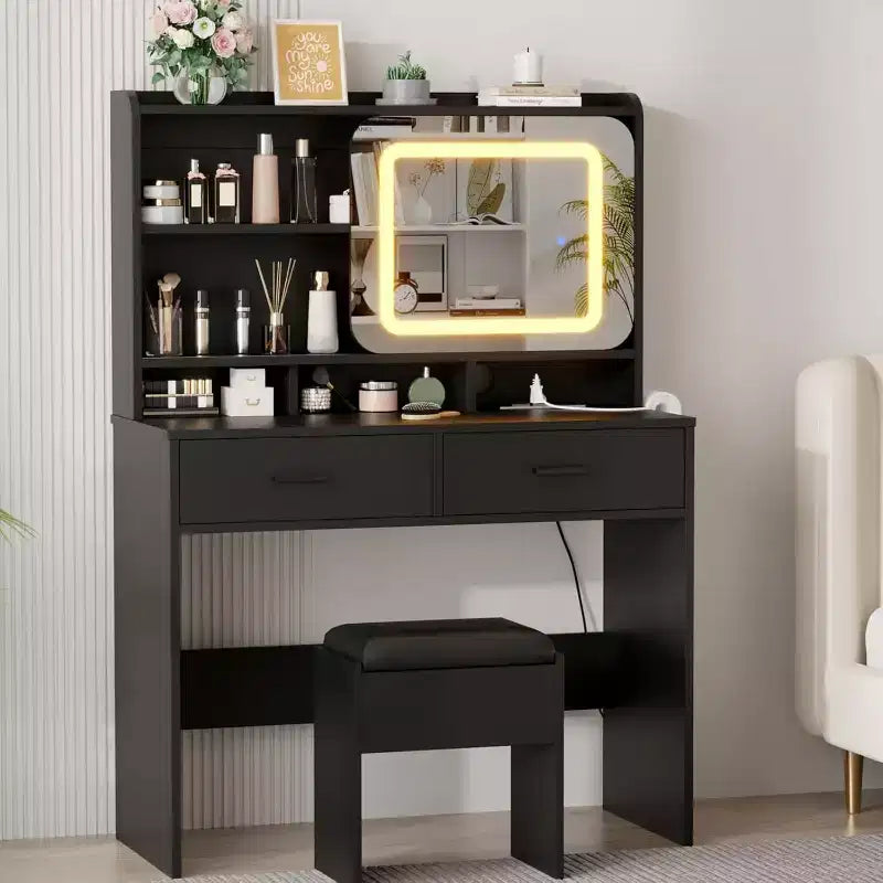 Tocador con espejo deslizante, tocador de maquillaje y taburete con luces de 3 colores, mesa de tocador para niñas con estación de carga
