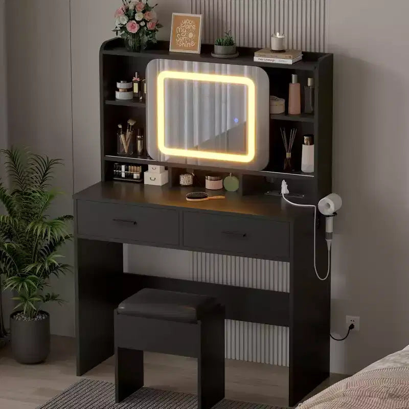 Tocador con espejo deslizante, tocador de maquillaje y taburete con luces de 3 colores, mesa de tocador para niñas con estación de carga