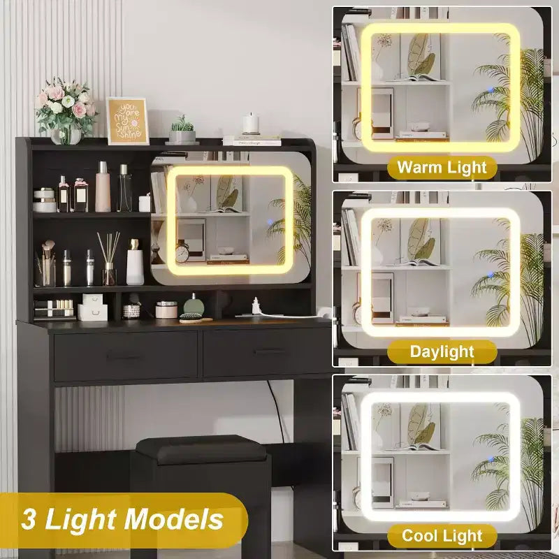 Tocador con espejo deslizante, tocador de maquillaje y taburete con luces de 3 colores, mesa de tocador para niñas con estación de carga