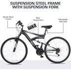 hykolity 26 27.5 Wheel Mountain Bike, 18 Speed MTB Bicycle with Full Suspension, Adjustable Saddle for Outdoor Cycling Men Women