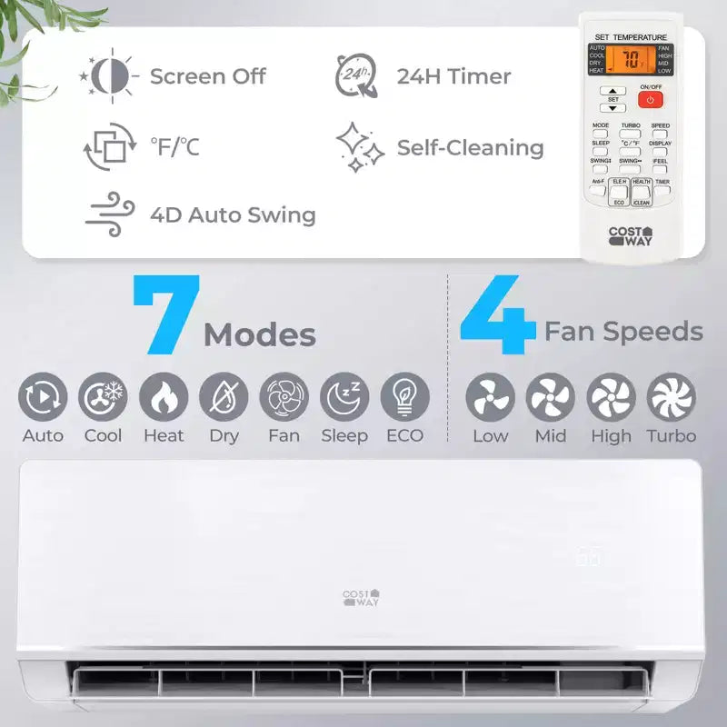 Costway 12000 BTU Mini Split Air Conditioner & Heater with 1 Ton Heat Pump Installation Kit