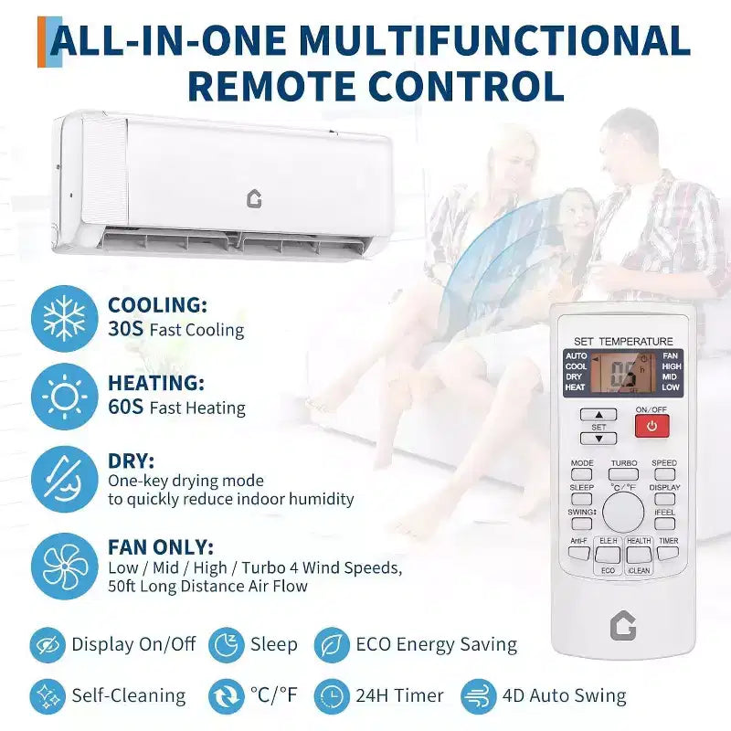 18000 BTU Wifi Mini Split AC, 19 SEER2 208-230V Inverter Ductless Wall AC w/WiFi & Alexa Compatible