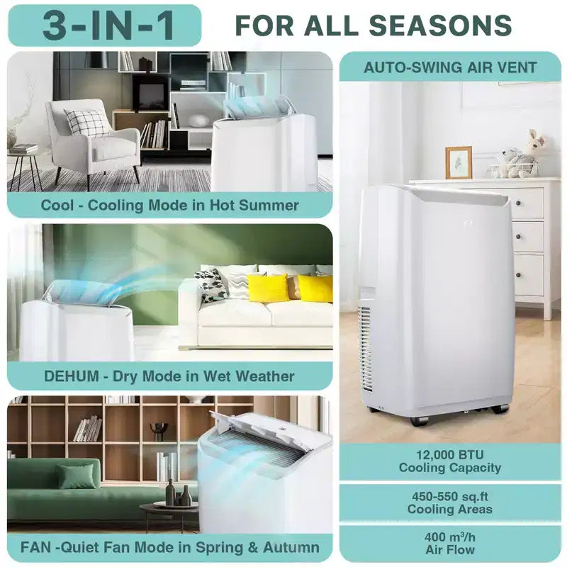 12,000 BTU Portable Air Conditioner for Rooms Up to 550 Sq.Ft, 3-in-1 AC/Dehumidifier/Fan