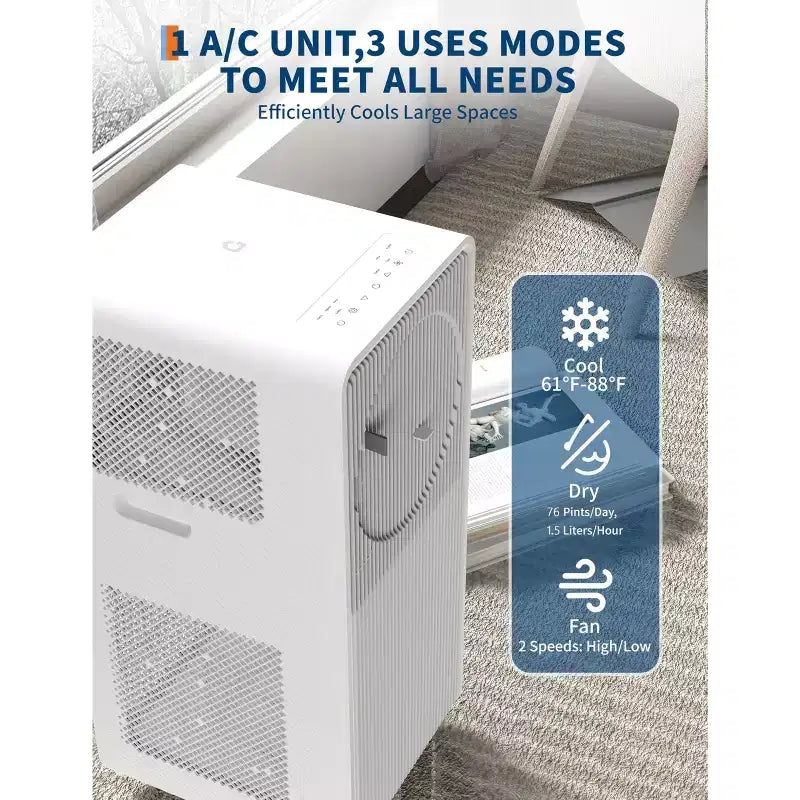 12,000 BTU Drainage-free Portable Air Conditioner for Indoor Rooms, 3-In-1 AC Unit for Bedroom 190-250 Sq.Ft