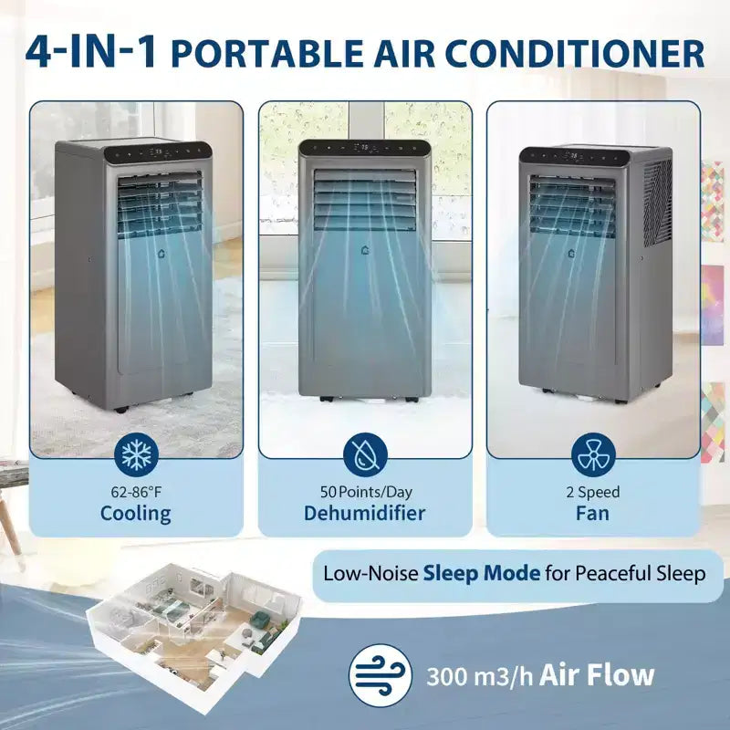 8,000 BTU Portable Air Conditioner, 4-In-1 Portable AC Units for Rooms with Fan, Dehumidifier, Cools Up to 350 Sq.Ft. Room Air Conditioner