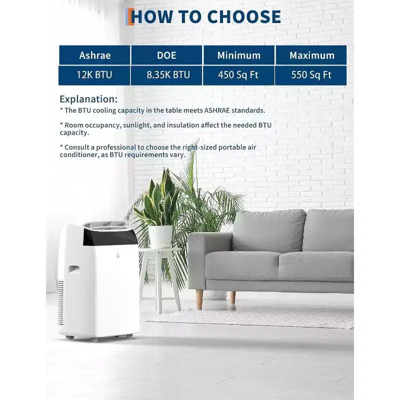 Acekool 12,000 BTU Portable AC - 3-in-1 Cooling, Dehumidifier & Fan for Rooms Up to 550 Sq.Ft, LED Display, Remote Control