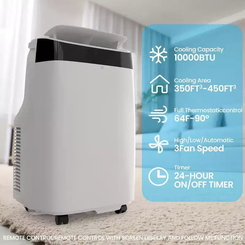 Acekool 10000 BTU Portable Air Conditioner, 3-in-1 AC with Fan & Dehumidifier, Remote, 3 Speeds, 24H Timer, Cools Rooms Up to 450 Sq.Ft, Easy Install