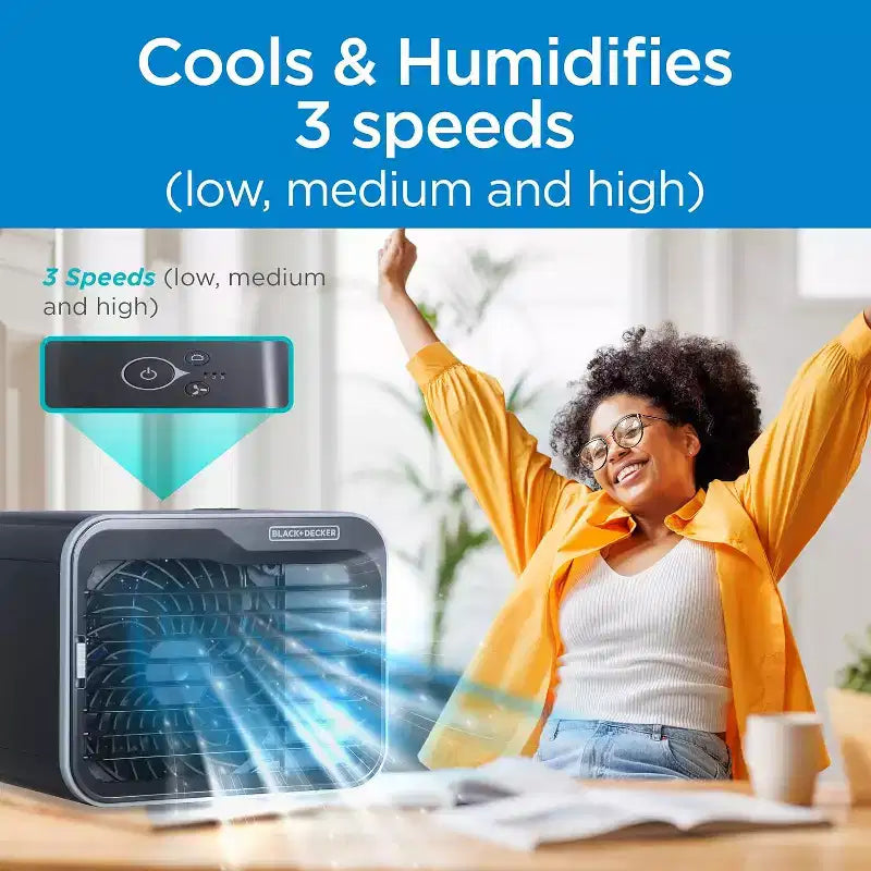 BLACK+DECKER Portable Desktop Air Cooler & Personal Fan, 3 Speeds, 0.5L Tank, Evaporative Cooling for Home & Office, Black