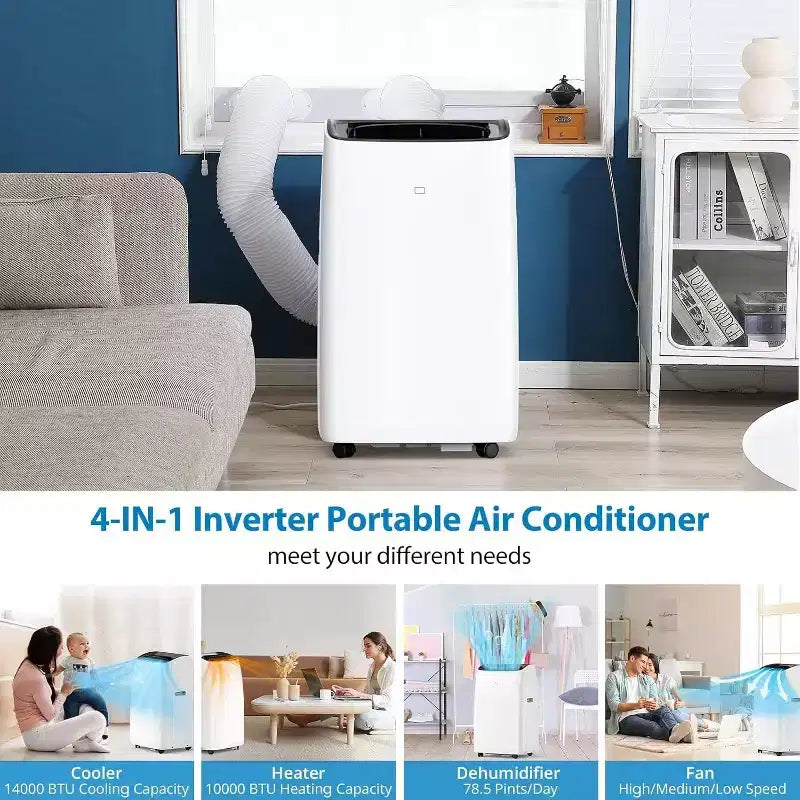 Acekool 14,000 BTU Portable Air Conditioner and Heater, 4-in-1 AC with Dehumidifier, Fan, Remote, Timer, Cools & Heats Up to 750 Sq. Ft., Window Kit