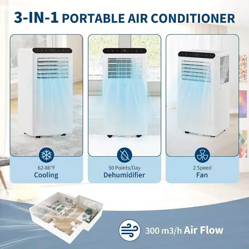 Acekool 8,000 BTU Portable Air Conditioner, 4-in-1 AC Dehumidifier Fan, for Rooms up to 350 Sq. Ft, Timer, Remote, Easy Move