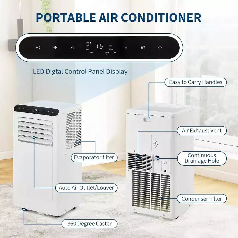 Acekool 8,000 BTU Portable Air Conditioner, 4-in-1 AC Dehumidifier Fan, for Rooms up to 350 Sq. Ft, Timer, Remote, Easy Move