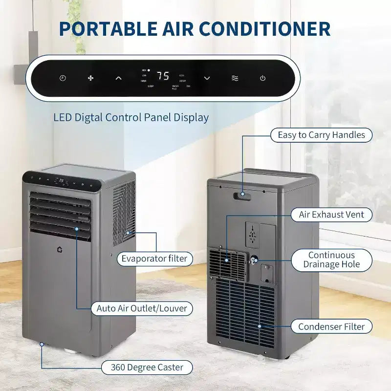 Acekool 10,000 BTU Portable Air Conditioner, 4-in-1 AC Dehumidifier Fan Sleep Mode, Remote, Energy Efficient, for Rooms up to 450 Sq. Ft, Grey