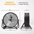 Floor Fan, Industrial Fan - 24 Inch Heavy Duty Drum Fan with 4 Speeds, Metal Air Circulator for Warehouse, Workshop, Garage, Factory, Basement