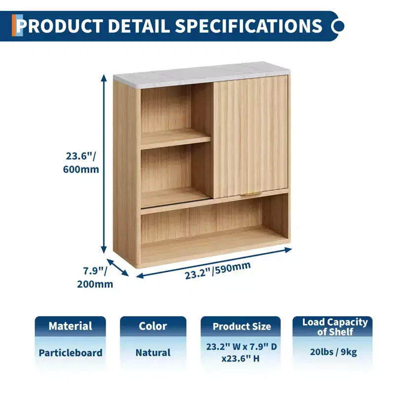 23Modern Gabinete de pared acanalado con puerta corredera, cubierta de mármol sintético y estante ajustable, gabinete curvo para medicamentos para baño o lavadero
