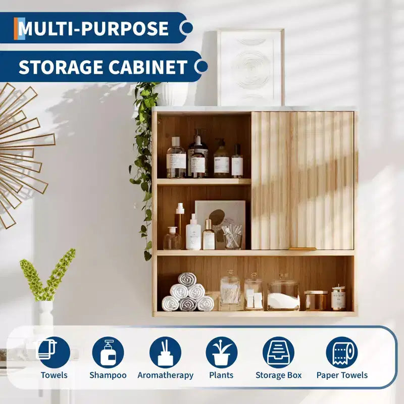 23Modern Gabinete de pared acanalado con puerta corredera, cubierta de mármol sintético y estante ajustable, gabinete curvo para medicamentos para baño o lavadero