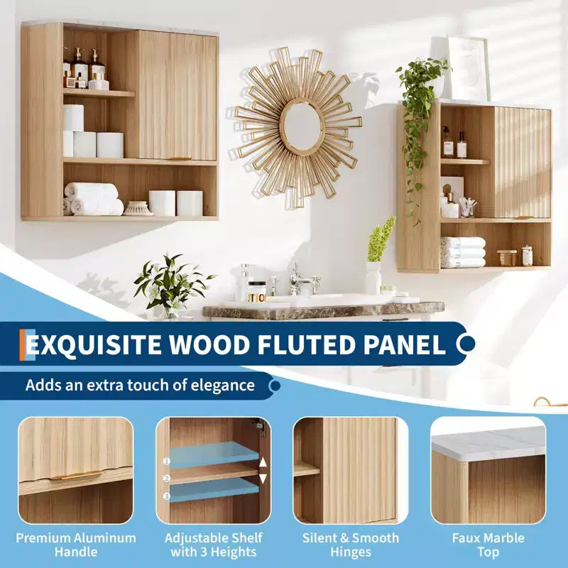 23Modern Gabinete de pared acanalado con puerta corredera, cubierta de mármol sintético y estante ajustable, gabinete curvo para medicamentos para baño o lavadero