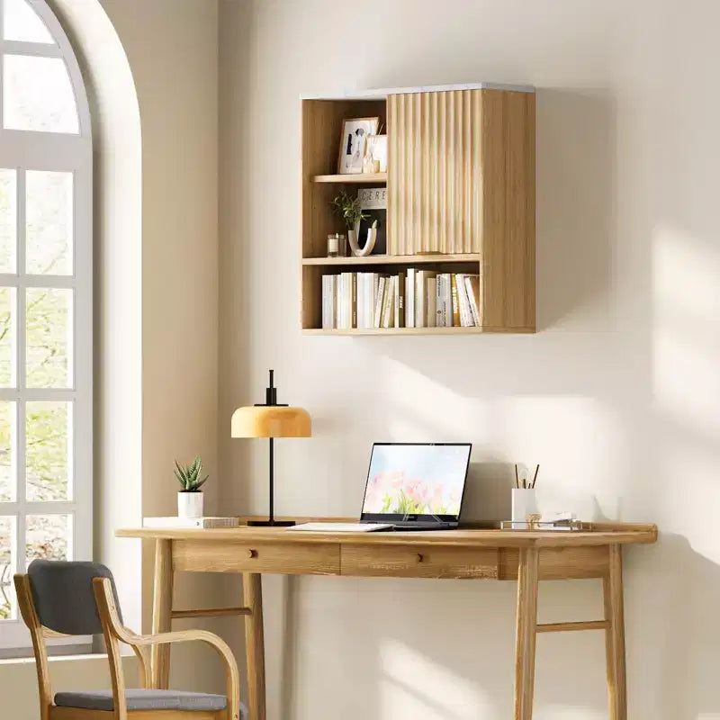23Modern Gabinete de pared acanalado con puerta corredera, cubierta de mármol sintético y estante ajustable, gabinete curvo para medicamentos para baño o lavadero