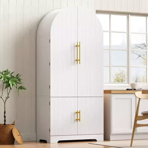 JVNOXK 72-inch High Arch Kitchen Storage Cabinet, featuring 8-tier door shelves and a recessed storage compartment with 3 adjustable shelves, white