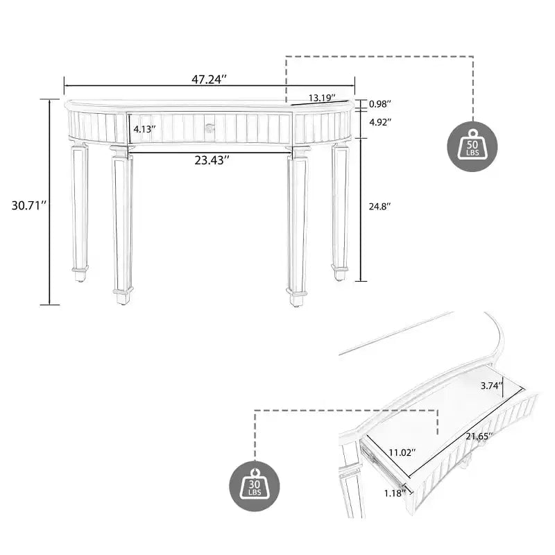 Mesa de consola moderna con espejo y cajón de almacenamiento, mesa de entrada semicircular para pasillo, vestidor o sala de estar de 47 pulgadas - Panipeachy