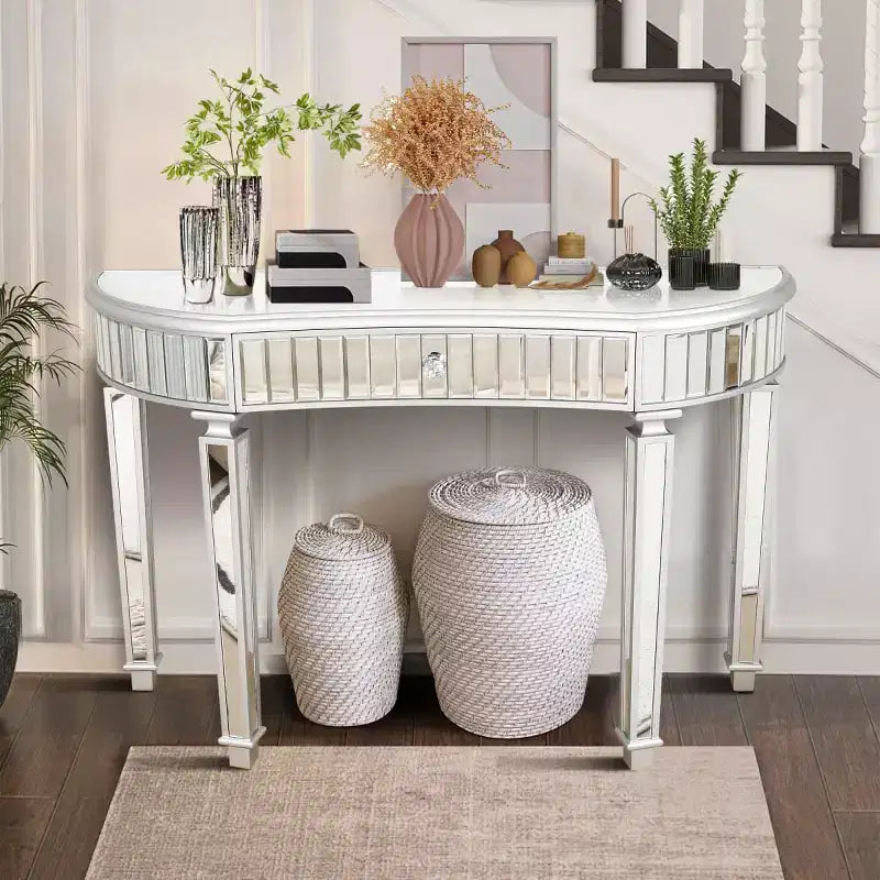 Mesa de consola moderna con espejo y cajón de almacenamiento, mesa de entrada semicircular para pasillo, vestidor o sala de estar de 47 pulgadas - Panipeachy