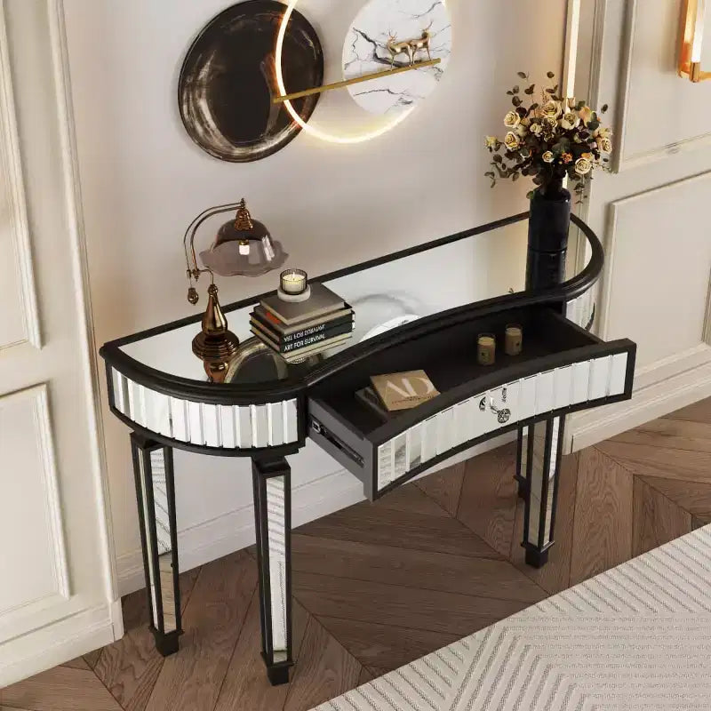Mesa de consola moderna con espejo y cajón de almacenamiento, mesa de entrada semicircular para pasillo, vestidor o sala de estar de 47 pulgadas - Panipeachy
