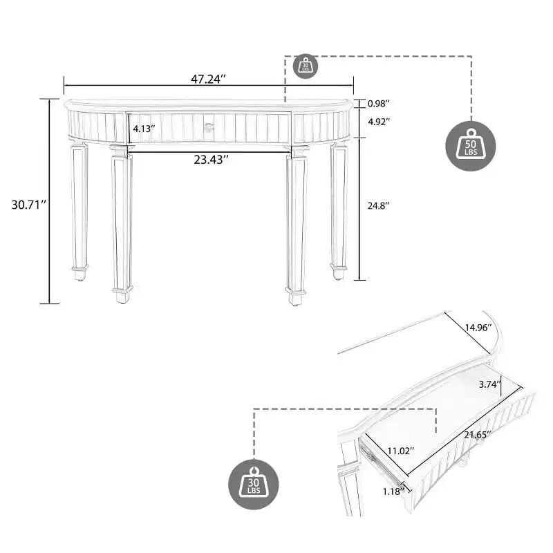 Mesa de consola moderna con espejo y cajón de almacenamiento, mesa de entrada semicircular para pasillo, vestidor o sala de estar de 47 pulgadas - Panipeachy