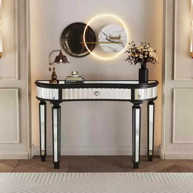 47 Modern Mirrored Console Table with Storage Drawer, Half-Moon Entryway Table for Hallway, Dressing Room, or Living Room - Panipeachy
