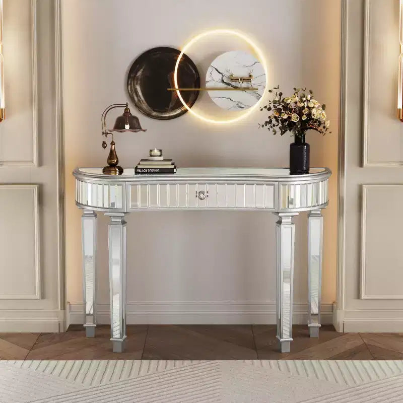 Mesa de consola moderna con espejo y cajón de almacenamiento, mesa de entrada semicircular para pasillo, vestidor o sala de estar de 47 pulgadas - Panipeachy