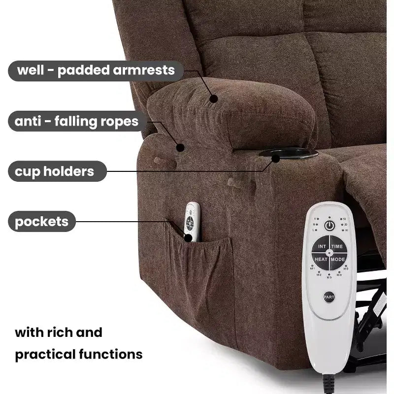 Sillón Reclinable Manual con Masaje por Vibración y Calefacción Lumbar, Sofá Individual con Bolsillo Lateral, Mecedora con Portavasos, Sillón Reclinable para Dormitorio