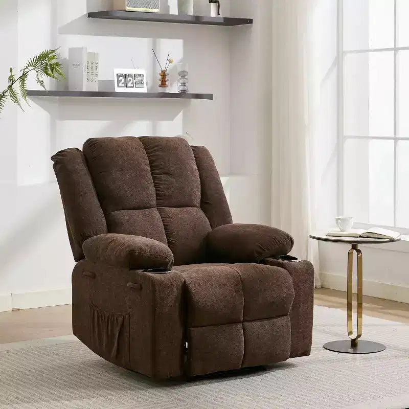 Sillón Reclinable Manual con Masaje por Vibración y Calefacción Lumbar, Sofá Individual con Bolsillo Lateral, Mecedora con Portavasos, Sillón Reclinable para Dormitorio