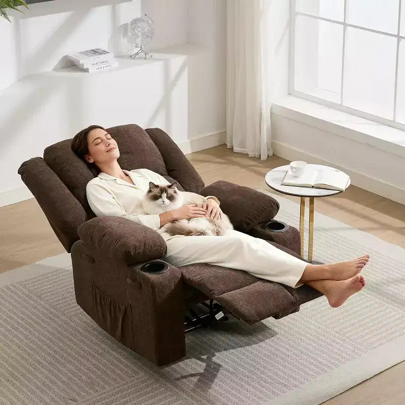 Sillón Reclinable Manual con Masaje por Vibración y Calefacción Lumbar, Sofá Individual con Bolsillo Lateral, Mecedora con Portavasos, Sillón Reclinable para Dormitorio