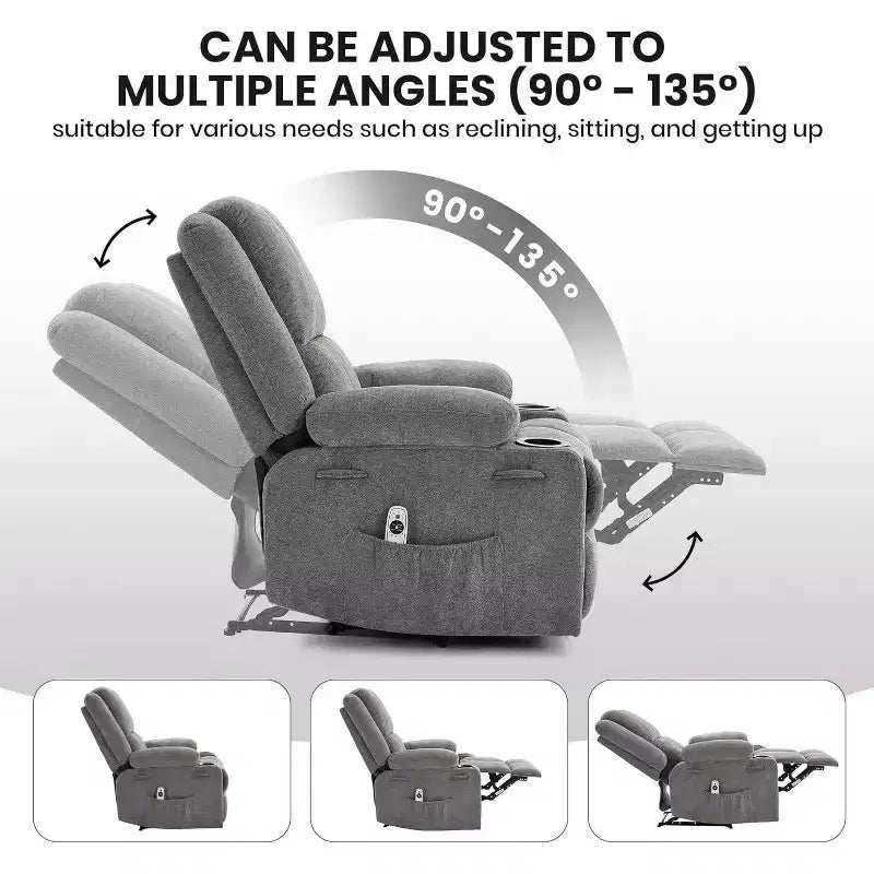 Sillón Reclinable Manual con Masaje por Vibración y Calefacción Lumbar, Sofá Individual con Bolsillo Lateral, Mecedora con Portavasos, Sillón Reclinable para Dormitorio
