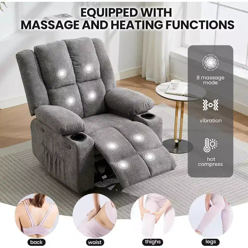 Sillón Reclinable Manual con Masaje por Vibración y Calefacción Lumbar, Sofá Individual con Bolsillo Lateral, Mecedora con Portavasos, Sillón Reclinable para Dormitorio
