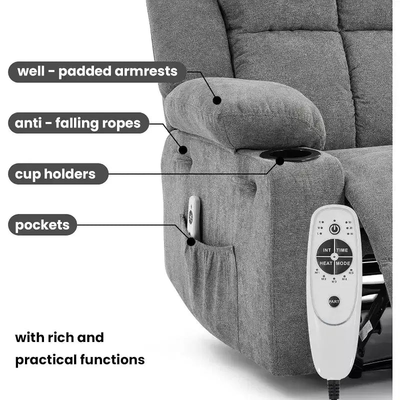 Sillón Reclinable Manual con Masaje por Vibración y Calefacción Lumbar, Sofá Individual con Bolsillo Lateral, Mecedora con Portavasos, Sillón Reclinable para Dormitorio