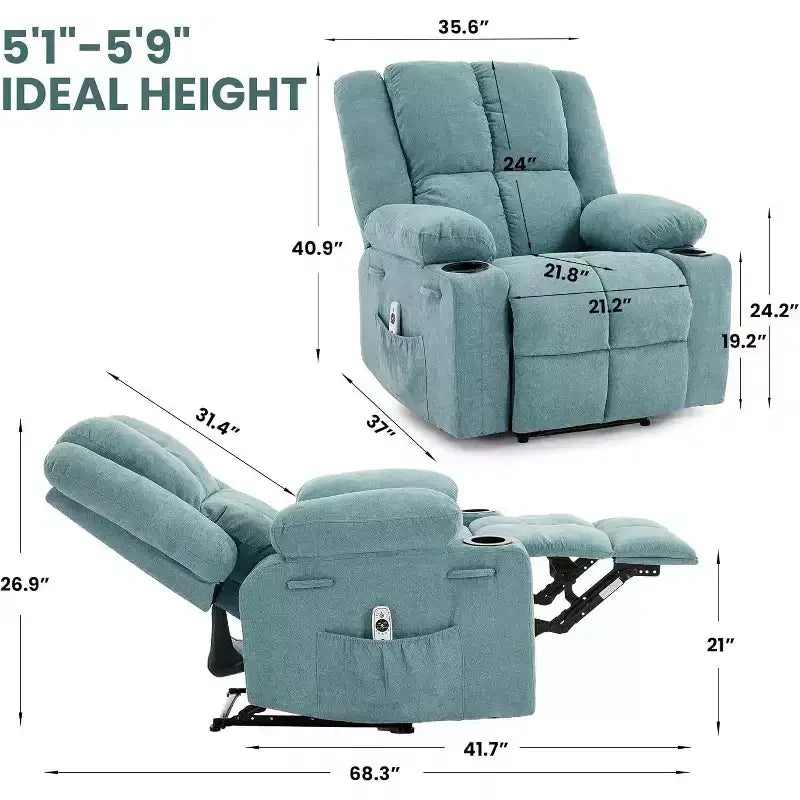 Sillón Reclinable Manual con Masaje por Vibración y Calefacción Lumbar, Sofá Individual con Bolsillo Lateral, Mecedora con Portavasos, Sillón Reclinable para Dormitorio