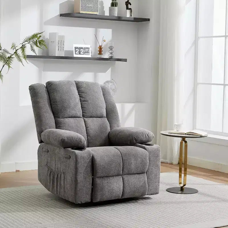 Sillón Reclinable Manual con Masaje por Vibración y Calefacción Lumbar, Sofá Individual con Bolsillo Lateral, Mecedora con Portavasos, Sillón Reclinable para Dormitorio