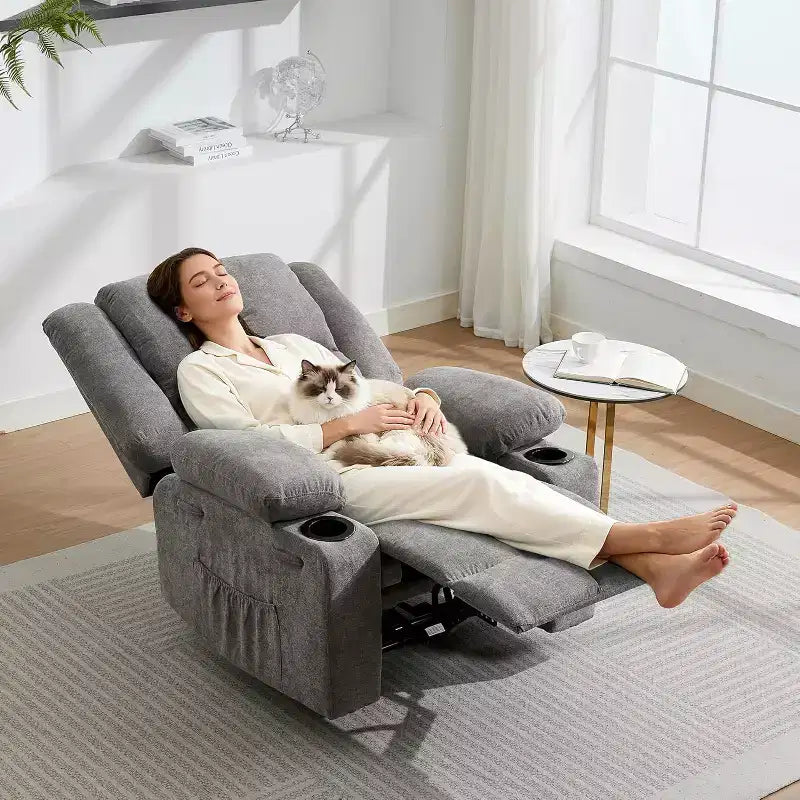 Sillón Reclinable Manual con Masaje por Vibración y Calefacción Lumbar, Sofá Individual con Bolsillo Lateral, Mecedora con Portavasos, Sillón Reclinable para Dormitorio