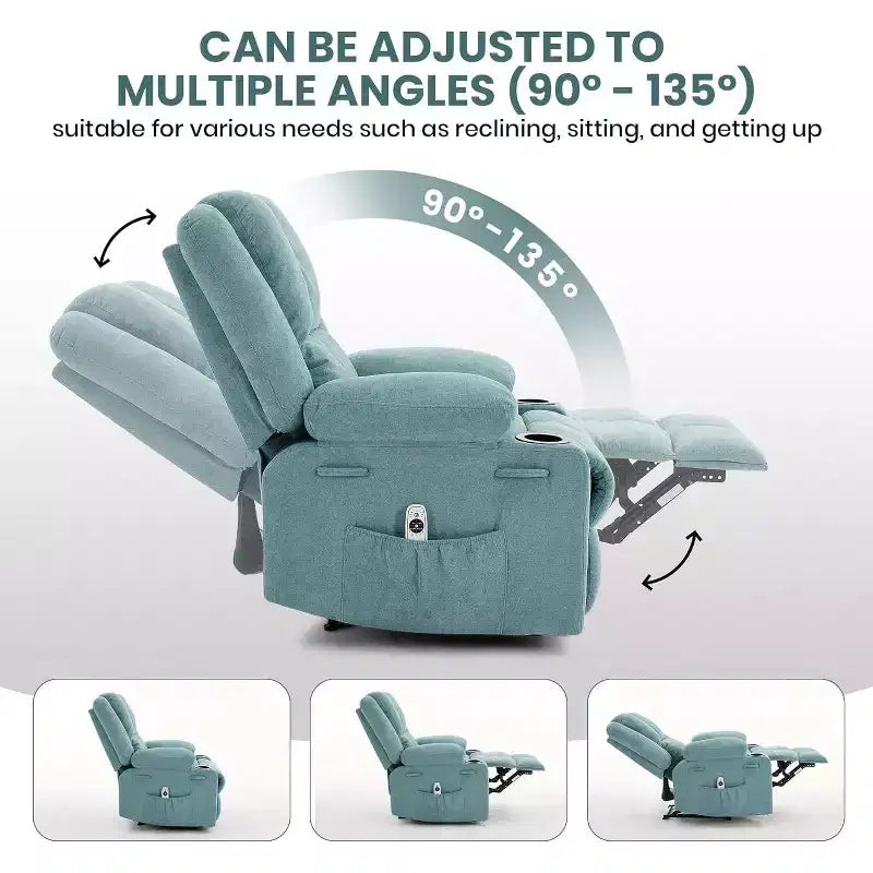 Sillón Reclinable Manual con Masaje por Vibración y Calefacción Lumbar, Sofá Individual con Bolsillo Lateral, Mecedora con Portavasos, Sillón Reclinable para Dormitorio