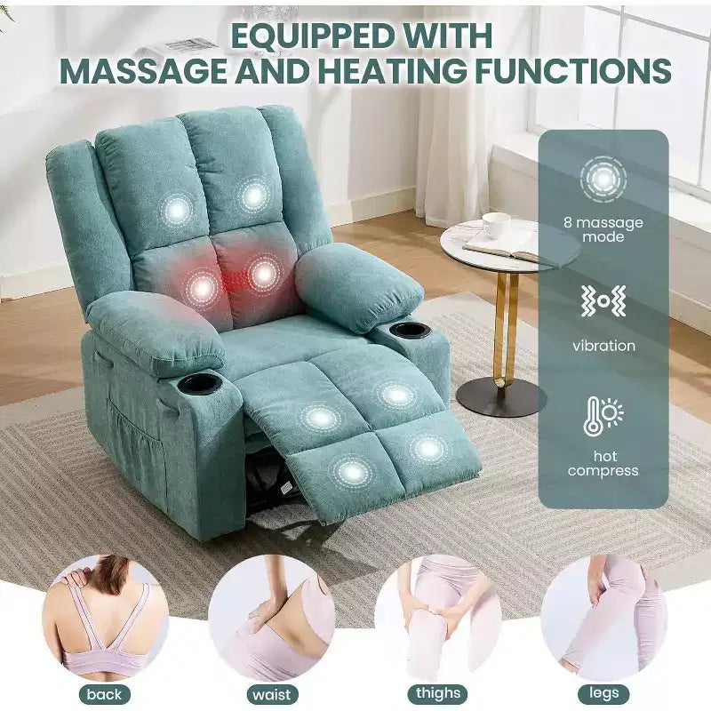 Sillón Reclinable Manual con Masaje por Vibración y Calefacción Lumbar, Sofá Individual con Bolsillo Lateral, Mecedora con Portavasos, Sillón Reclinable para Dormitorio