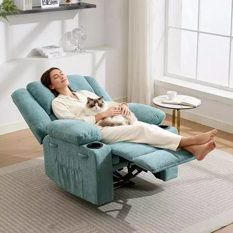 Sillón Reclinable Manual con Masaje por Vibración y Calefacción Lumbar, Sofá Individual con Bolsillo Lateral, Mecedora con Portavasos, Sillón Reclinable para Dormitorio
