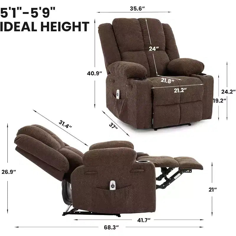 Sillón Reclinable Manual con Masaje por Vibración y Calefacción Lumbar, Sofá Individual con Bolsillo Lateral, Mecedora con Portavasos, Sillón Reclinable para Dormitorio