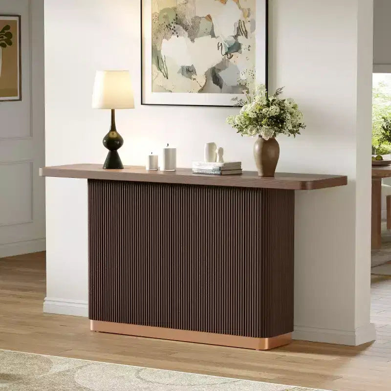 Mesa consola estrecha de 147 cm con superficie de chapa de fresno, mesa de sofá moderna, mesa de entrada para sala de estar, pasillo o recibidor-Panipeachy