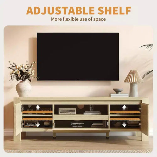 Meuble TV de ferme de 63 pouces avec armoire, meuble de divertissement pour téléviseurs jusqu'à 70 pouces, aucun assemblage requis, finition naturelle