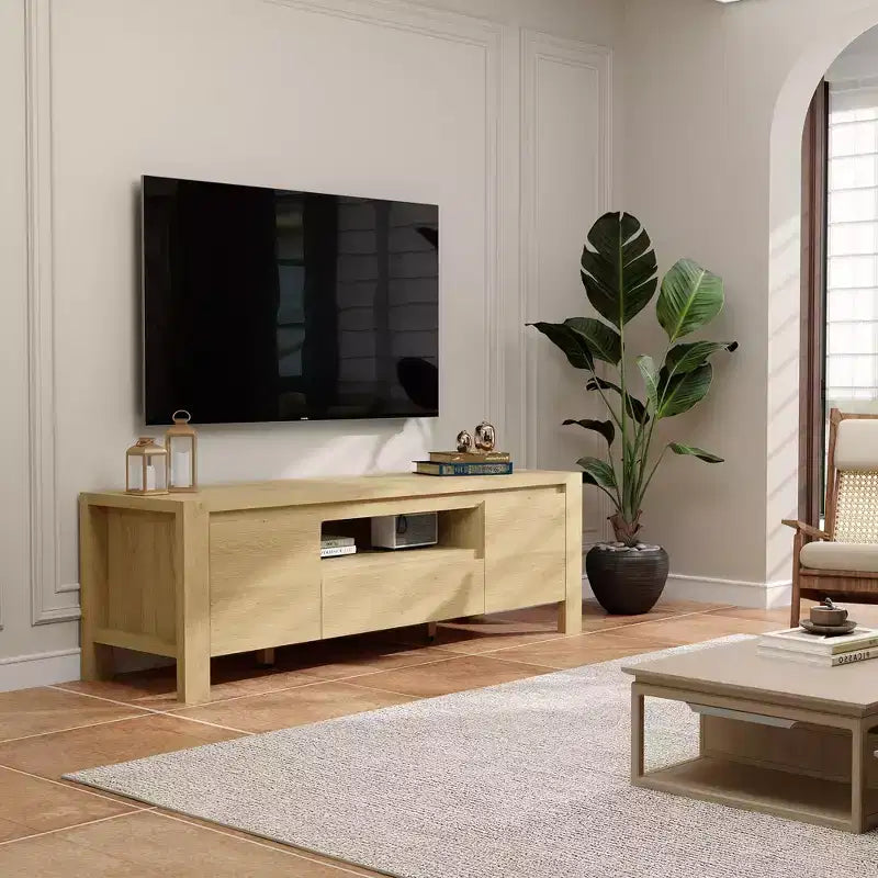 Mueble de TV de Granja de 63 pulgadas con gabinete, centro de entretenimiento para televisores de hasta 70 pulgadas, no requiere ensamblaje, acabado natural