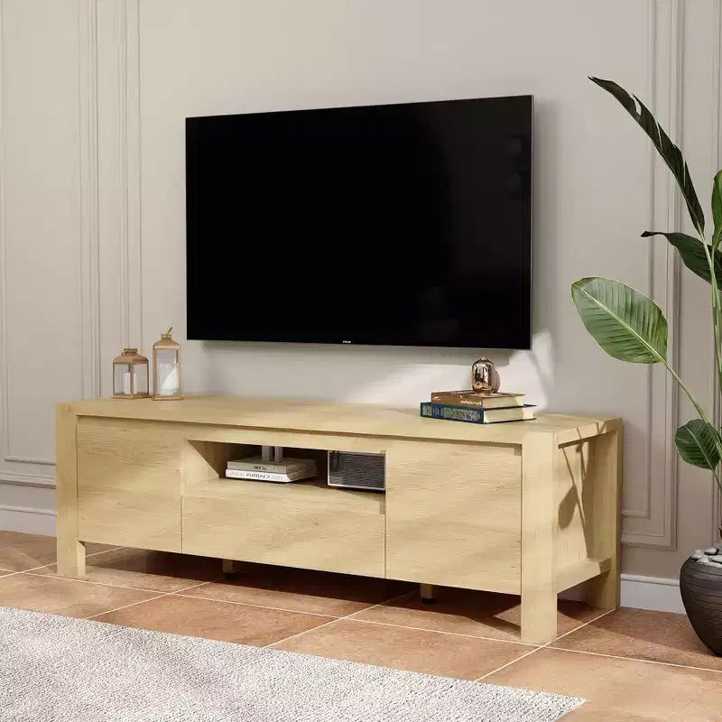 63 Farmhouse TV Stand with Cabinet, Entertainment Center for TVs Up to 70 Inches, No Assembly Required, Natural Finish