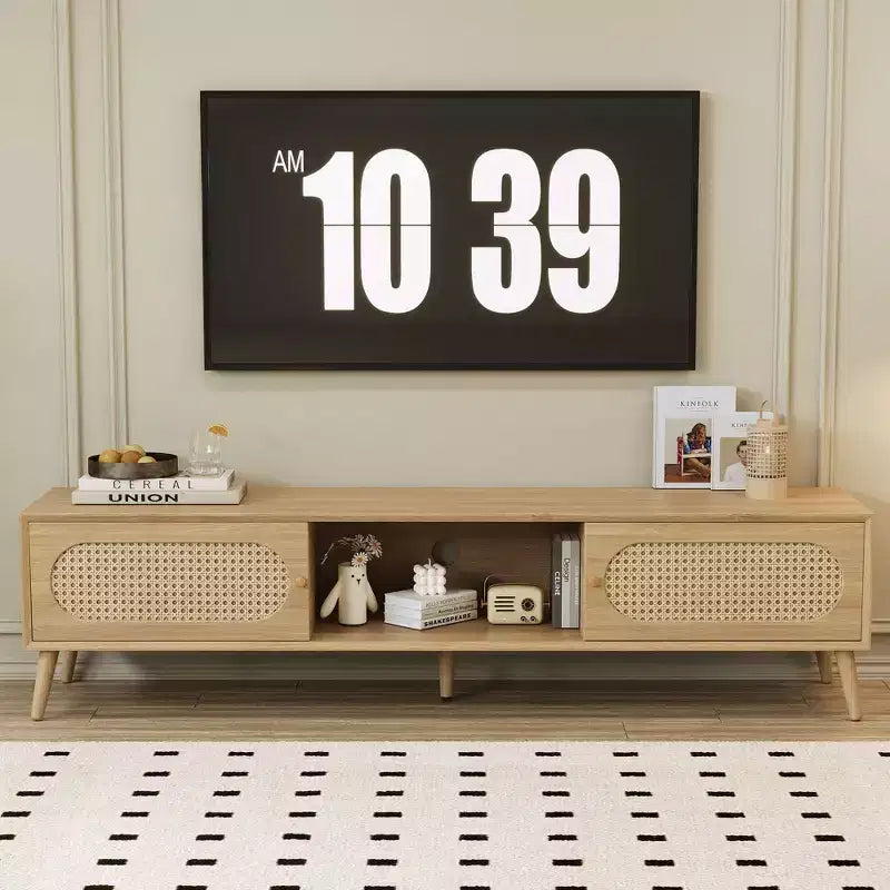 Mueble de TV natural de 70.8 pulgadas para televisores de hasta 80 pulgadas, consola multimedia con patas de madera maciza para sala de estar y cine en casa
